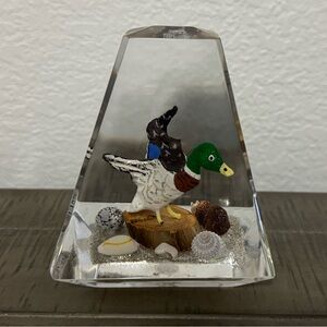 Vintage Canadian Mallard Paperweight, Unique Handcarved Duck, Lucite 3”